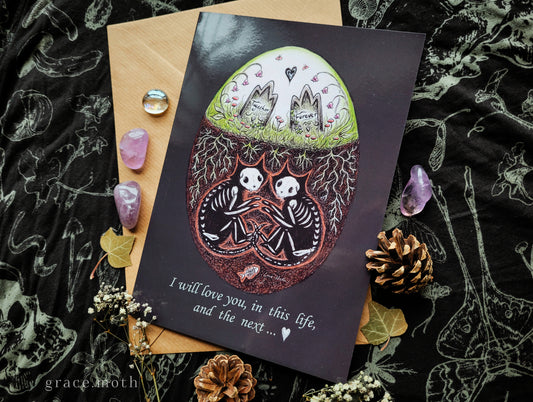 Skeleton Cats in the next life - A5 anniversary valentines greeting card by Grace Moth - 5.8 x 8.3, gothic creepy