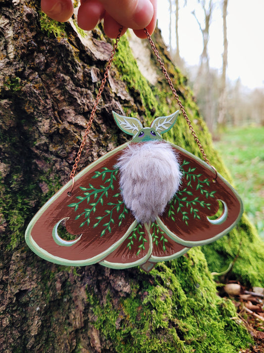 Woodland Moth - Sage green leaves and faux fur details - One of a kind handmade hand painted wall hanging/ornament, by Grace Moth
