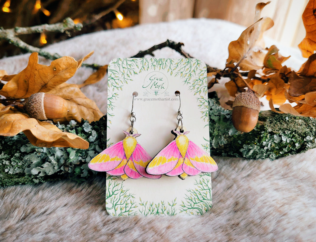 Rosy Maple Moth illustrated earrings, responsibly sourced cherry wood, Entomology watercolour, 304 Stainless Steel hooks, by Grace Moth