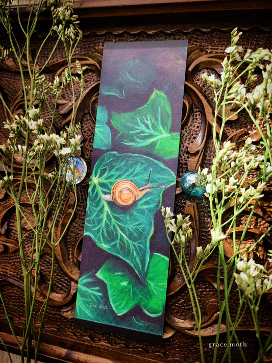 Snail on Ivy Bookmark - illustrated by Grace Moth, dark whimsical oil painting