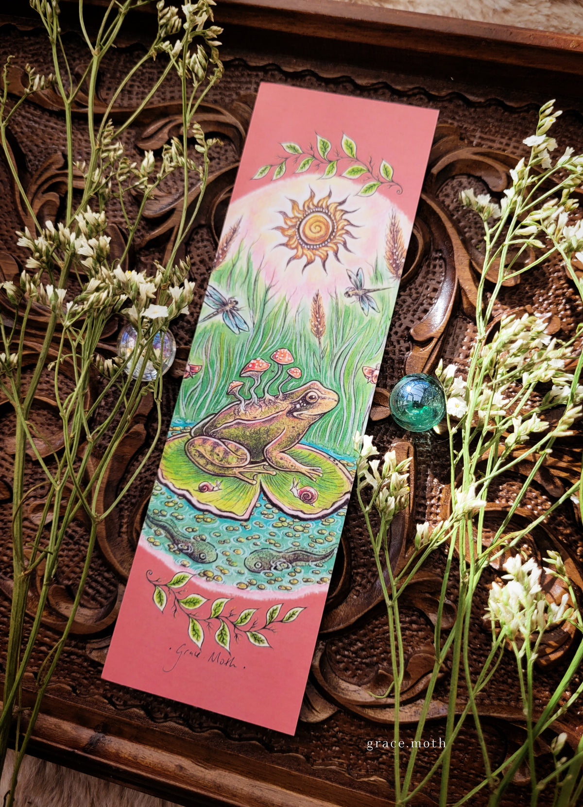Lily Pad Frog Bookmark - illustrated by Grace Moth, cottagecore nature whimsy