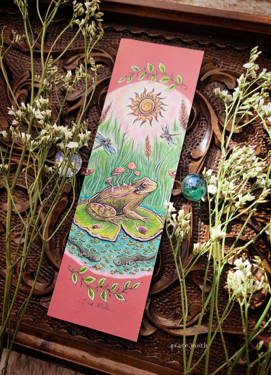 Lily Pad Frog Bookmark - illustrated by Grace Moth, cottagecore nature whimsy