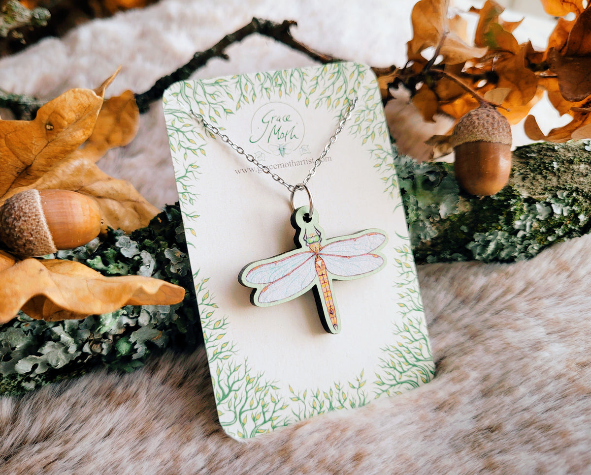 Dragonfly necklace, responsibly sourced cherry wood, watercolour bug, by Grace Moth