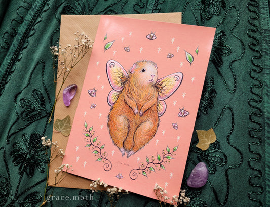 Guinea Pig Fairy - A5 greeting card by Grace Moth - 5.8 x 8.3, gothic creepy