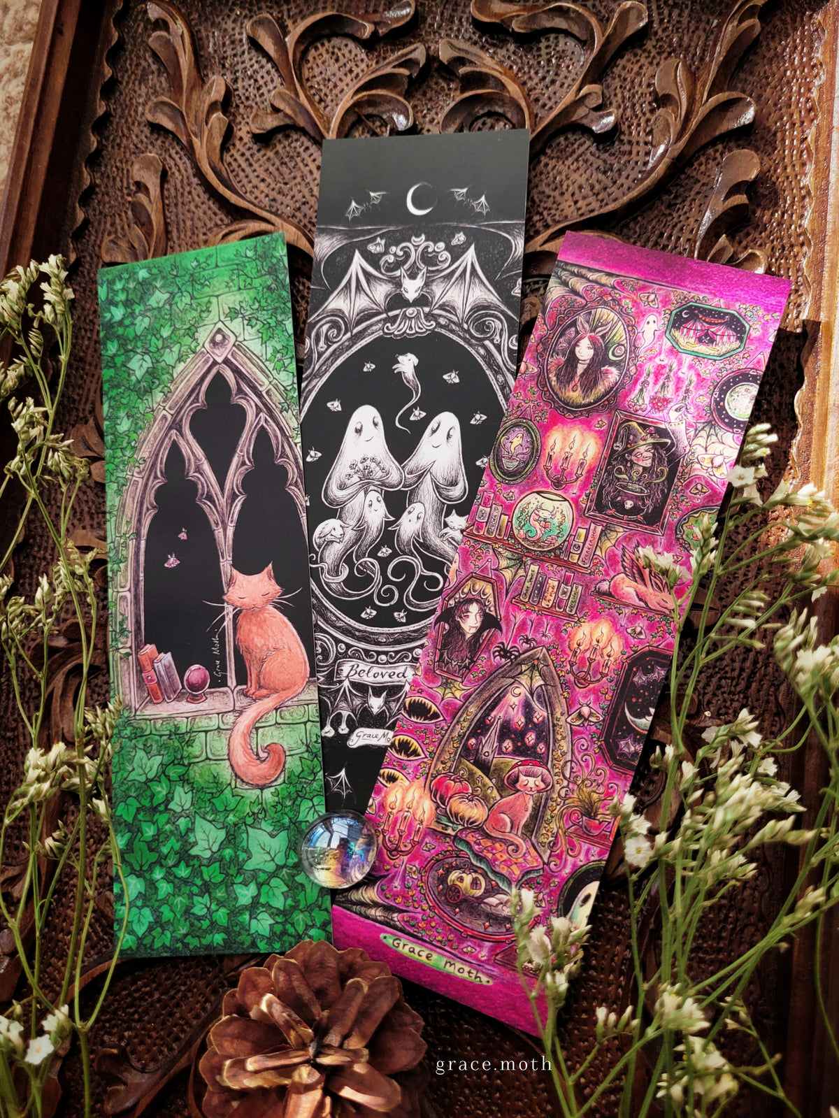 Ghost family Bookmark - illustrated by Grace Moth, gothic ornate inkwork portrait
