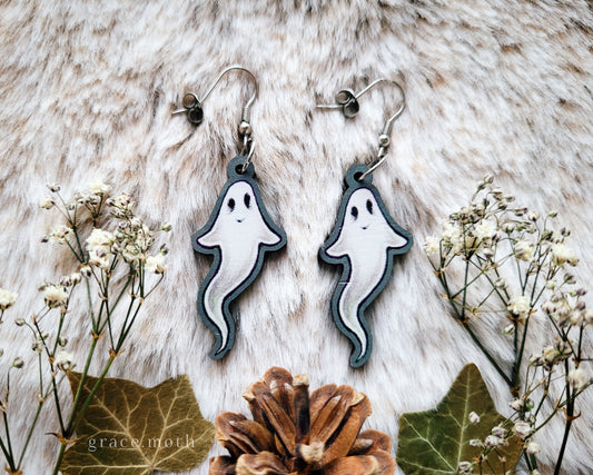 Ghost illustrated earrings, responsibly sourced cherry wood, 304 Stainless Steel hooks, by Grace Moth