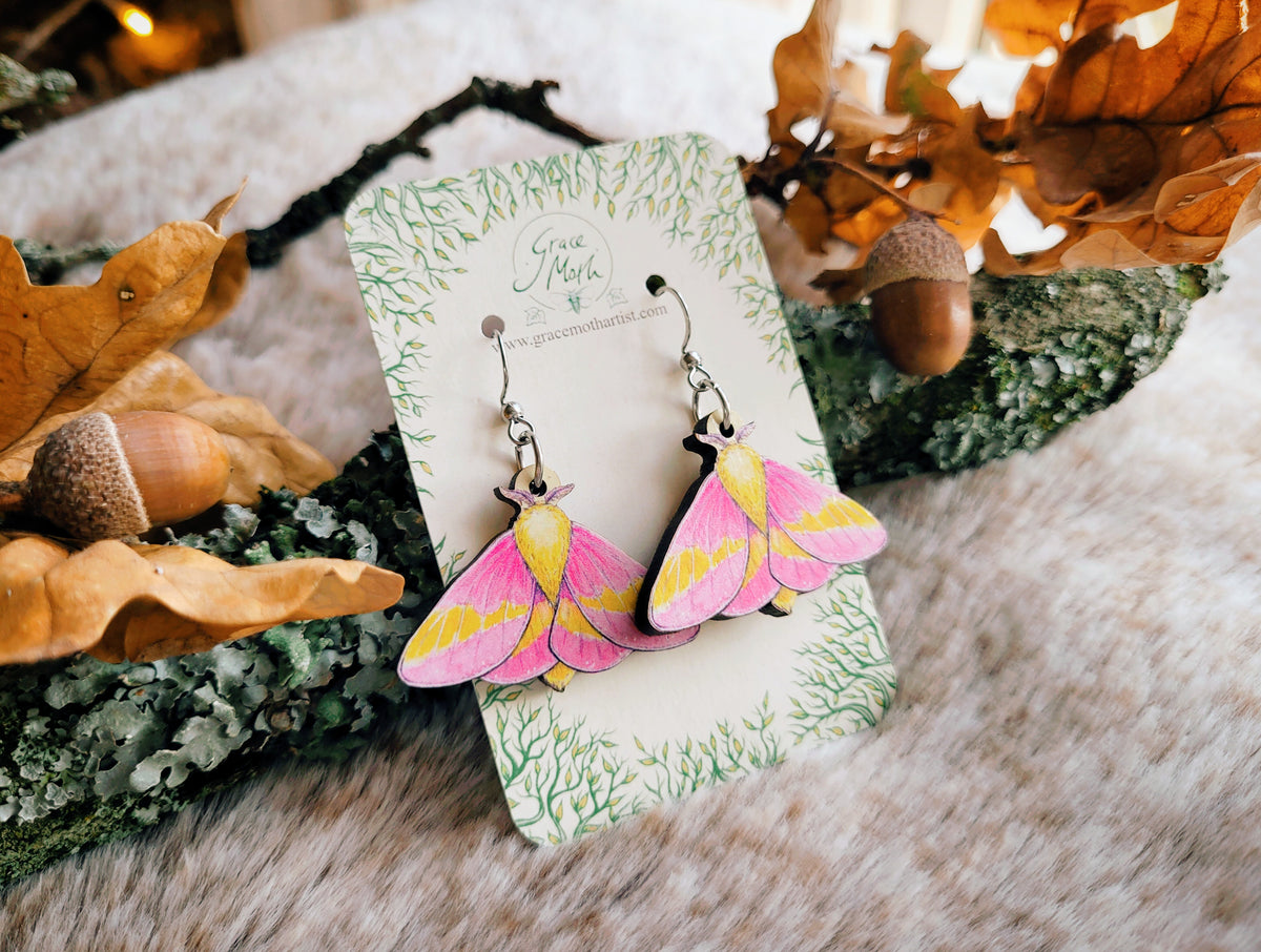Rosy Maple Moth illustrated earrings, responsibly sourced cherry wood, Entomology watercolour, 304 Stainless Steel hooks, by Grace Moth