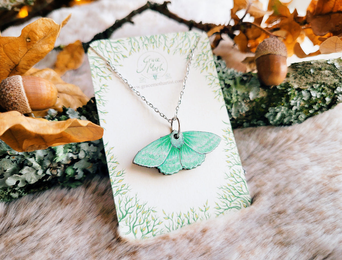 Emerald Moth necklace, responsibly sourced cherry wood, watercolour entomology, by Grace Moth