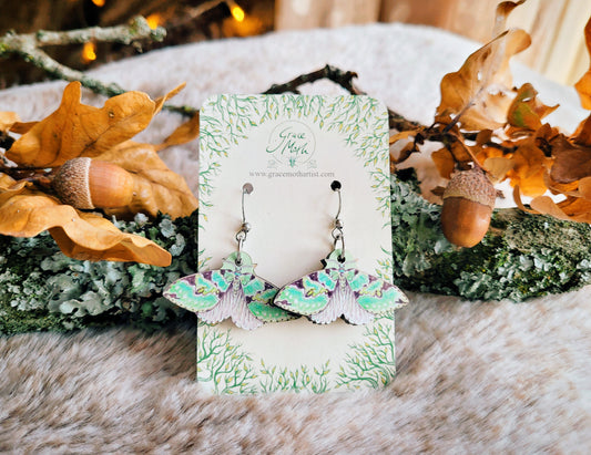 Green Carpet Moth, illustrated earrings, responsibly sourced cherry wood, Entomology watercolour, 304 Stainless Steel hooks, by Grace Moth
