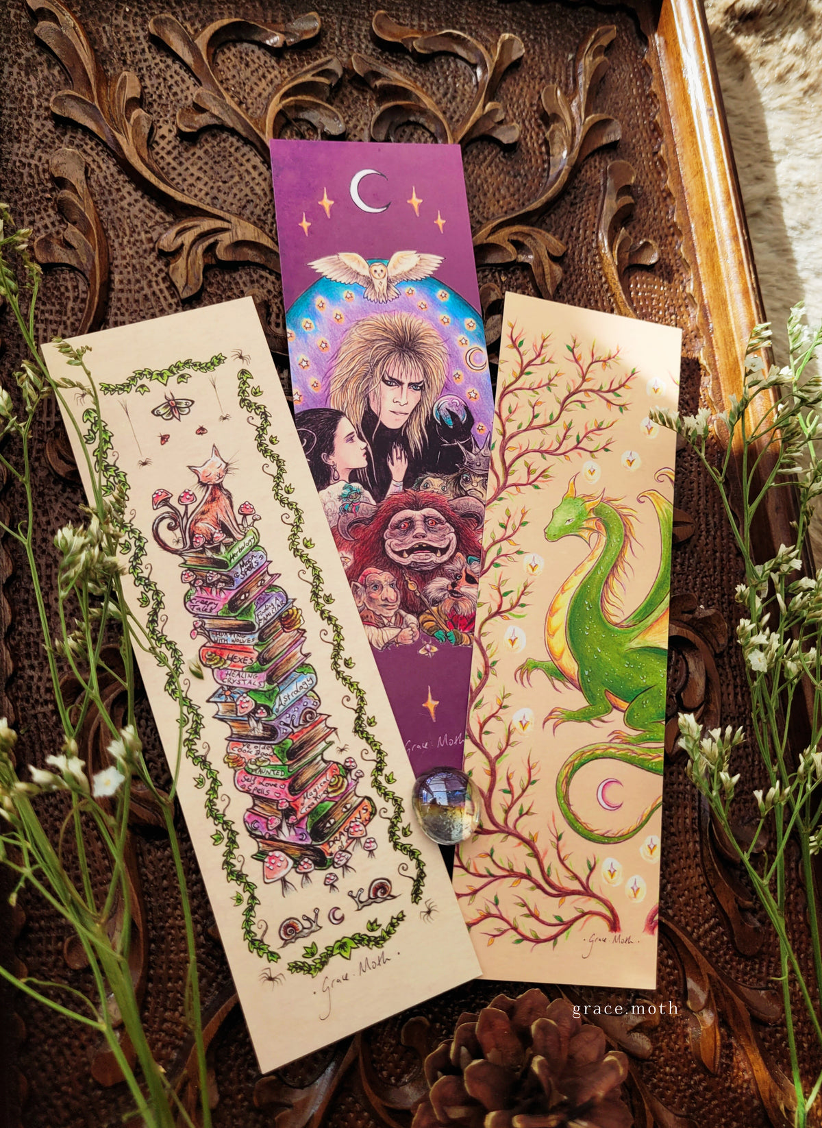 Book Pile with Cat Bookmark - illustrated by Grace Moth, Fantasy novels