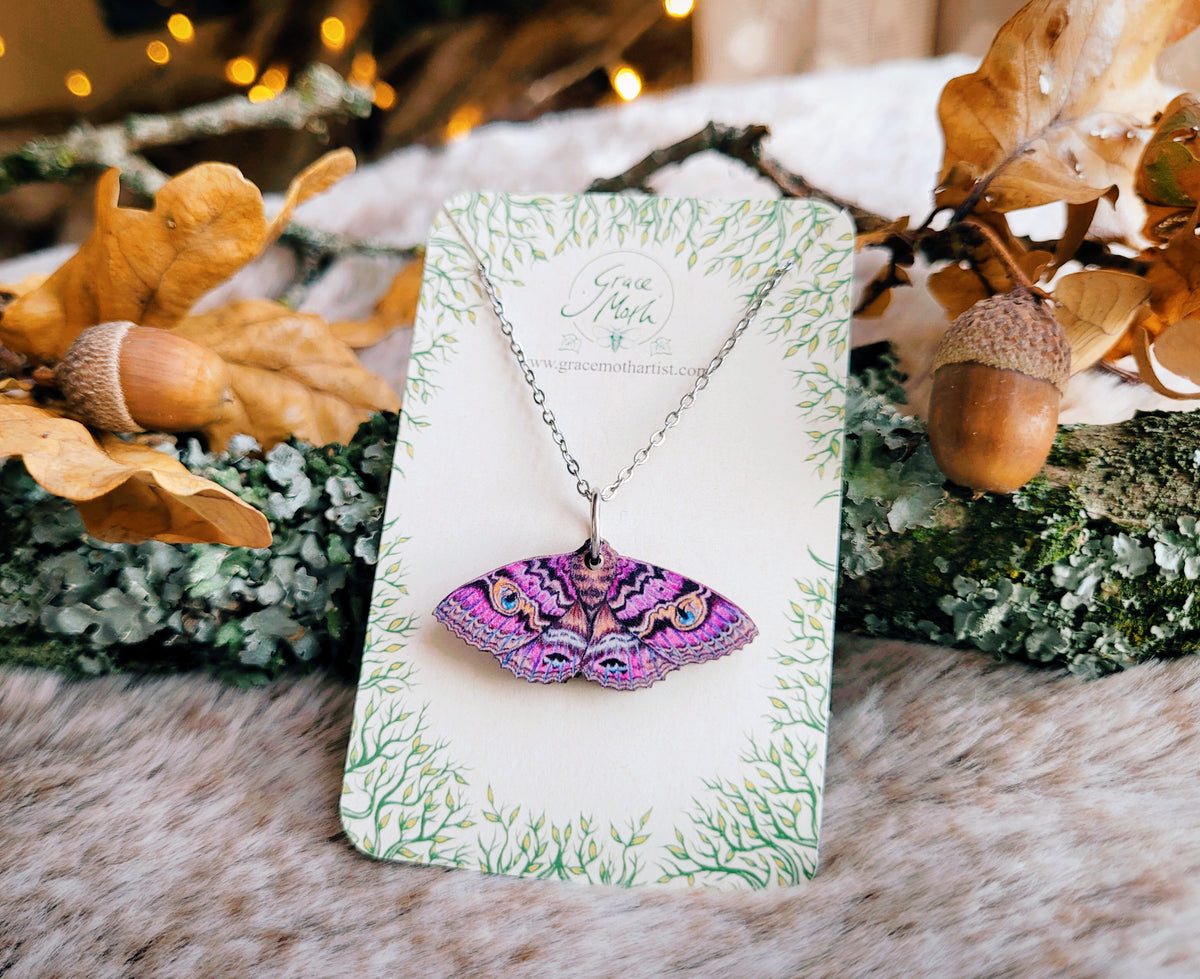Granny Cloak Moth necklace, responsibly sourced cherry wood, purple watercolour entomology, by Grace Moth