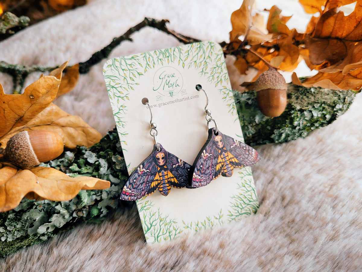 Deaths-Head Hawkmoth illustrated earrings, responsibly sourced cherry wood, Entomology watercolour, 304 Stainless Steel hooks, by Grace Moth