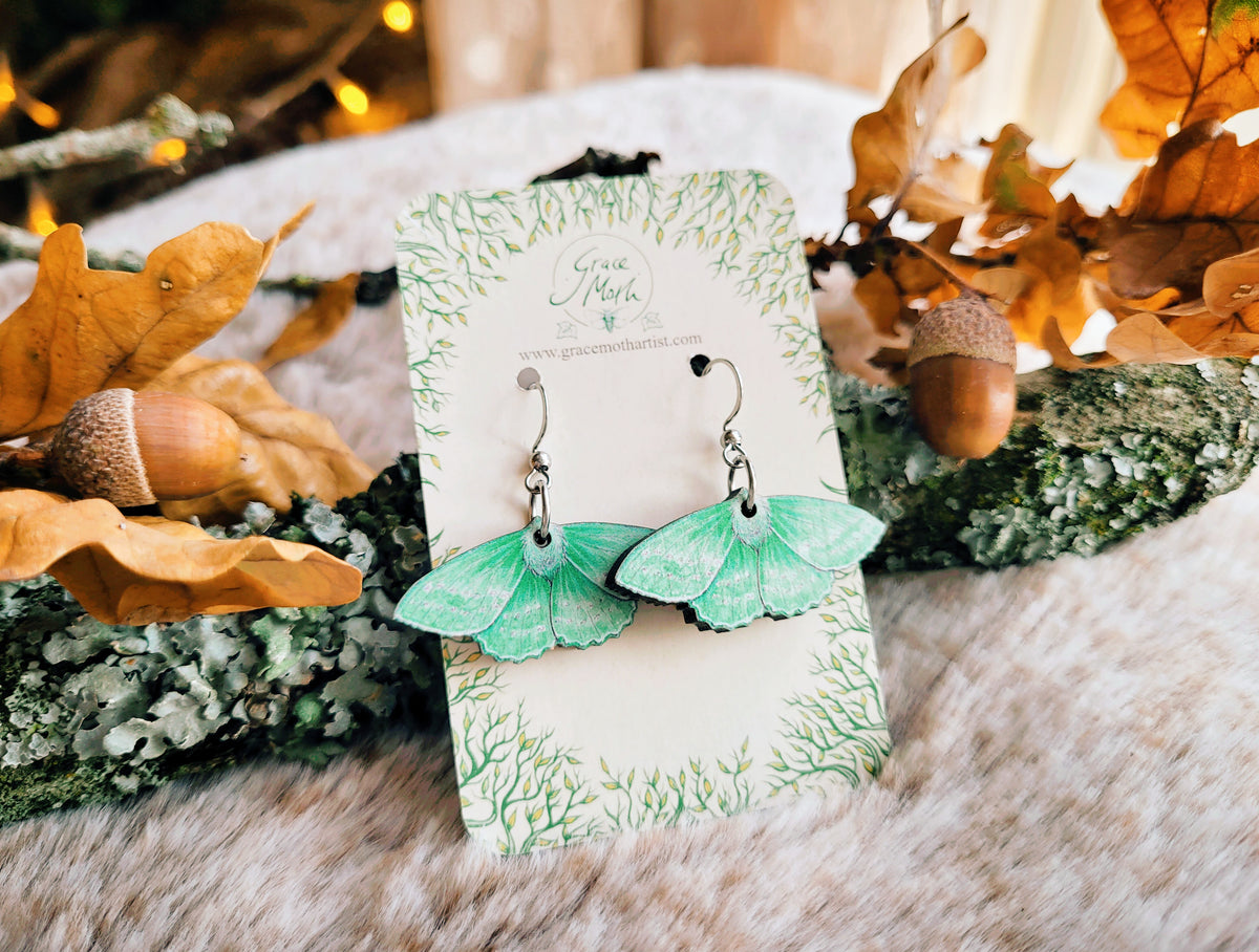 Emerald Moth illustrated earrings, responsibly sourced cherry wood, Entomology watercolour, 304 Stainless Steel hooks, by Grace Moth