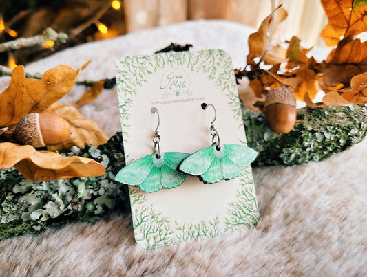 Emerald Moth illustrated earrings, responsibly sourced cherry wood, Entomology watercolour, 304 Stainless Steel hooks, by Grace Moth