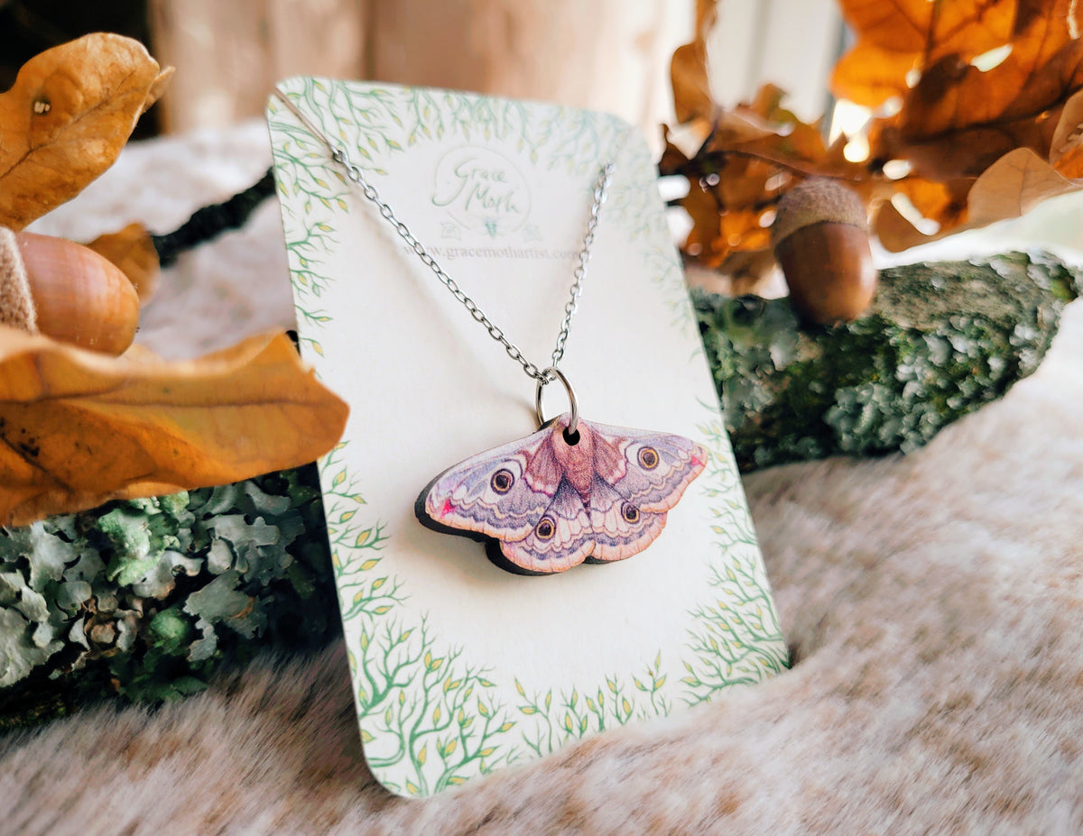 Emperor Moth necklace, responsibly sourced cherry wood, watercolour entomology, by Grace Moth