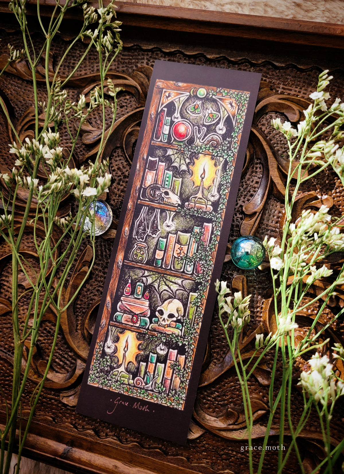 Apothecary Bookmark - illustrated by Grace Moth, witchy shelves curiosities
