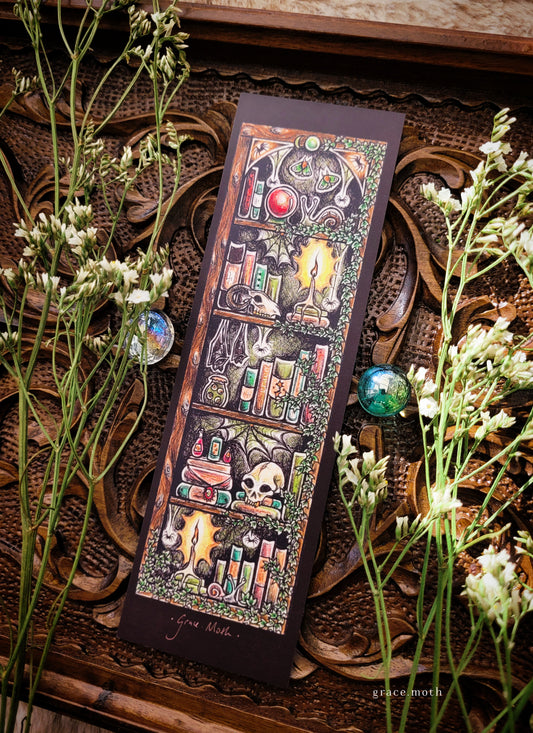 Apothecary Bookmark - illustrated by Grace Moth, witchy shelves curiosities