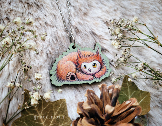 Owlbear Cub Illustrated necklace, responsibly sourced cherry wood, chain options available, by Grace Moth, dnd bg3 inspired