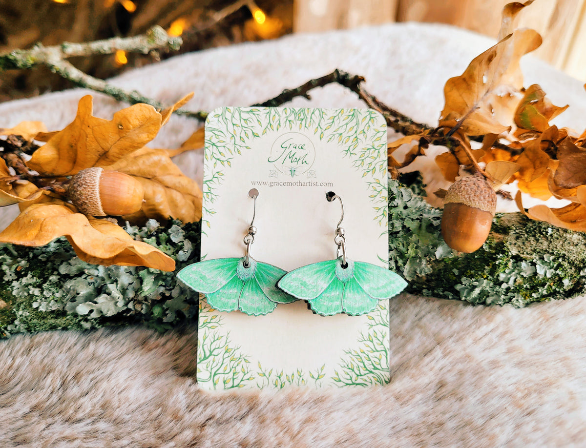 Emerald Moth illustrated earrings, responsibly sourced cherry wood, Entomology watercolour, 304 Stainless Steel hooks, by Grace Moth