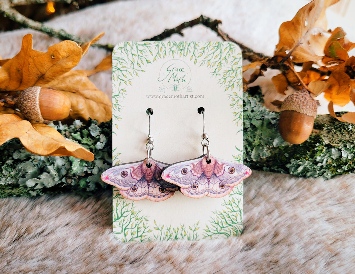 Emperor Moth illustrated earrings, responsibly sourced cherry wood, Entomology watercolour, 304 Stainless Steel hooks, by Grace Moth