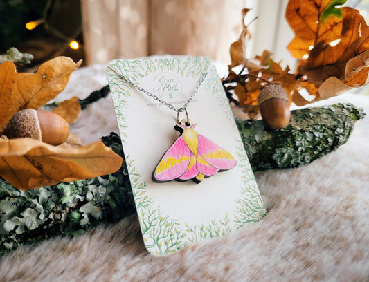 Rosy Maple Moth necklace, responsibly sourced cherry wood, pink watercolour entomology, by Grace Moth