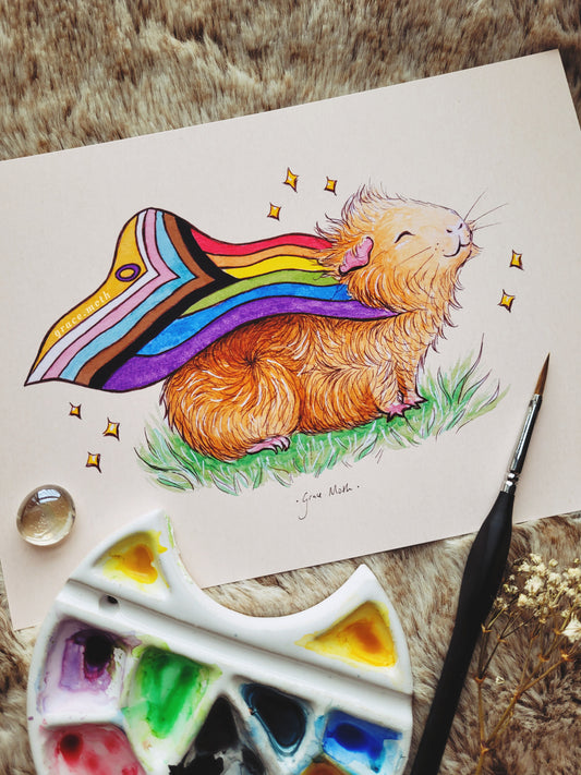 Pride Piggy - A5 art print by Grace Moth - lgbtq+ guinea pig - 5.8 x 8.3