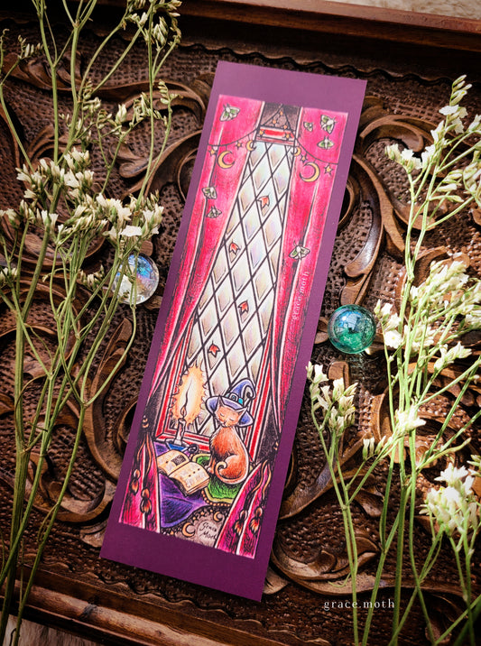Witchy Cat Bookmark - illustrated by Grace Moth, whimsigoth window seat