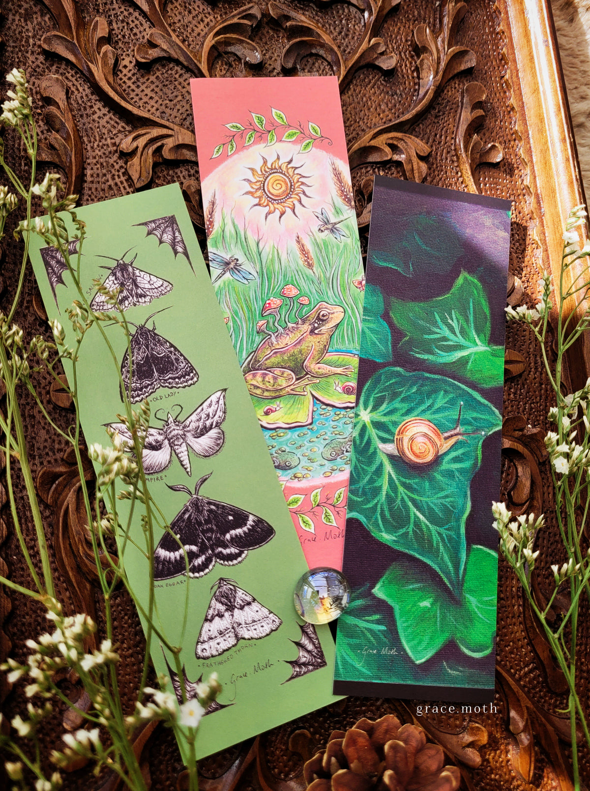Green Moths Bookmark - illustrated by Grace Moth, gothic entomology inkwork