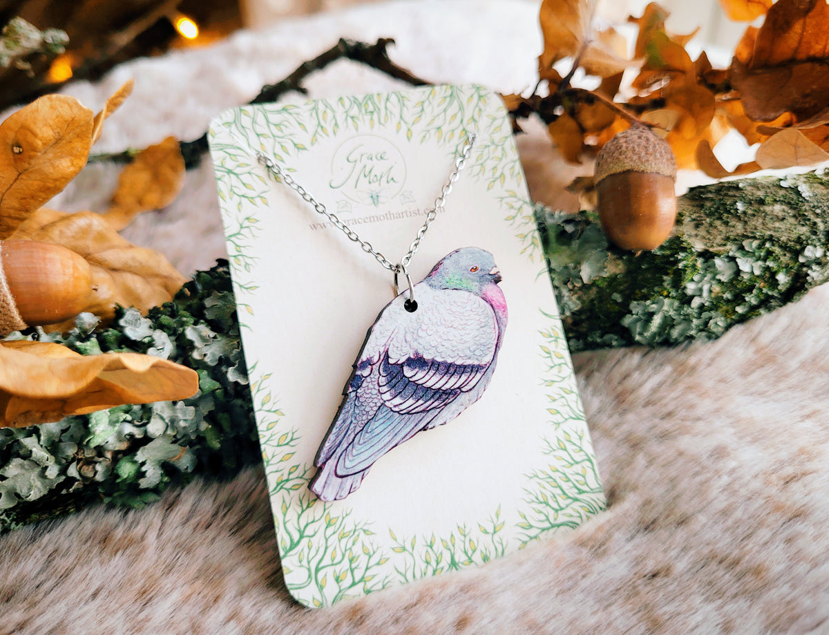 Pigeon illustrated necklace, responsibly sourced cherry wood, watercolour bird, by Grace Moth