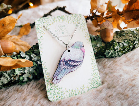 Pigeon illustrated necklace, responsibly sourced cherry wood, watercolour bird, by Grace Moth