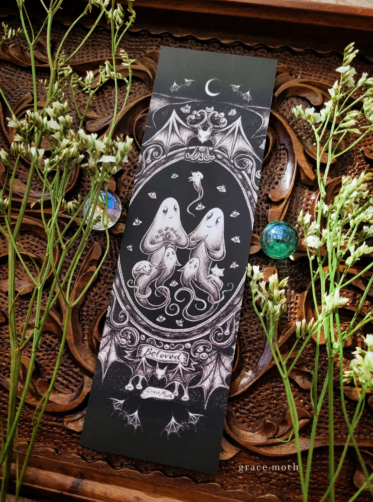 Ghost family Bookmark - illustrated by Grace Moth, gothic ornate inkwork portrait