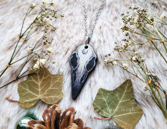 Raven Skull Illustrated necklace, responsibly sourced cherry wood, chain options available, by Grace Moth