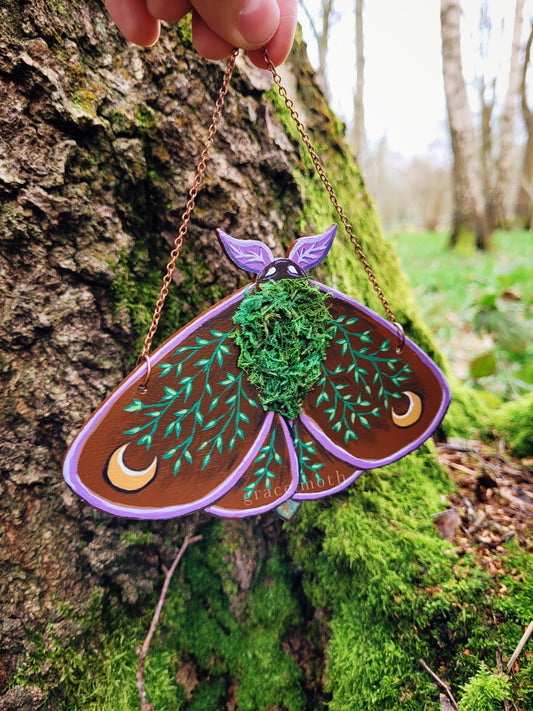 Enchanted Forest Moth - Purple and Gold Moons and real Moss - One of a kind handmade hand painted wall hanging/ornament, by Grace Moth