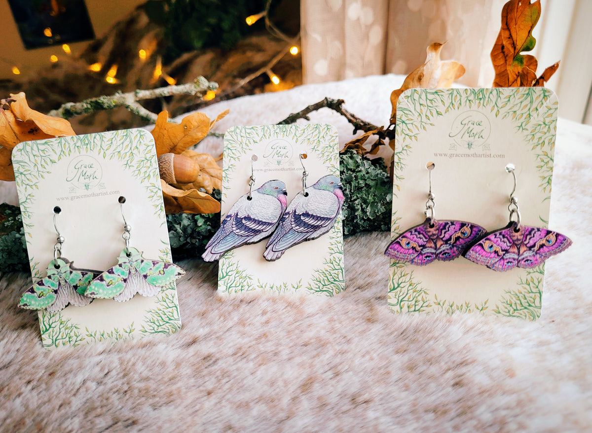 Granny Cloak Moth, illustrated purple earrings, responsibly sourced cherry wood, Entomology watercolour, 304 Stainless Steel hooks, by Grace Moth