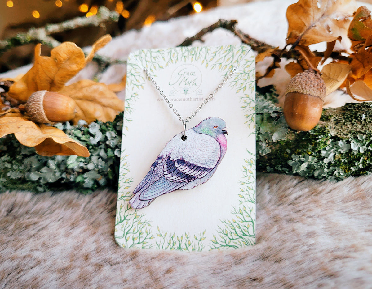 Pigeon illustrated necklace, responsibly sourced cherry wood, watercolour bird, by Grace Moth