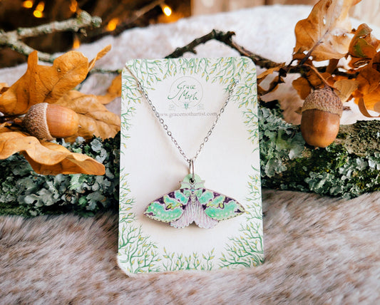 Green Carpet Moth necklace, responsibly sourced cherry wood, watercolour entomology, by Grace Moth