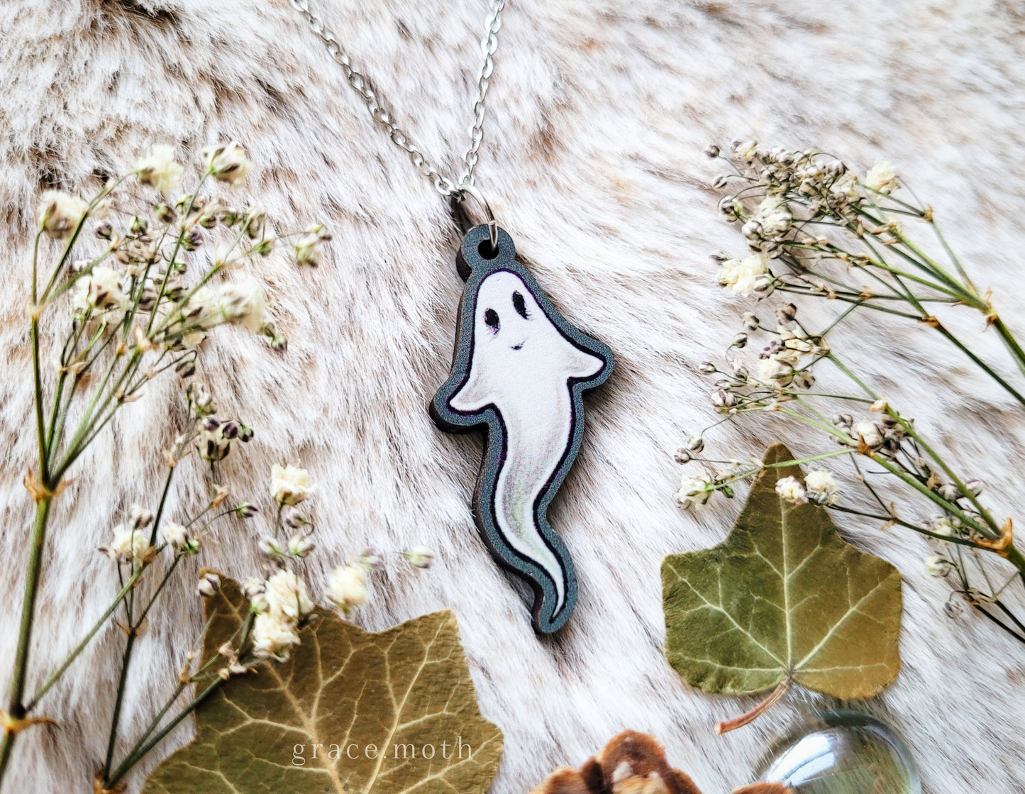 Ghost Illustrated necklace, responsibly sourced cherry wood, chain options available, by Grace Moth