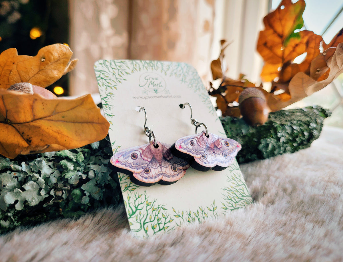 Emperor Moth illustrated earrings, responsibly sourced cherry wood, Entomology watercolour, 304 Stainless Steel hooks, by Grace Moth