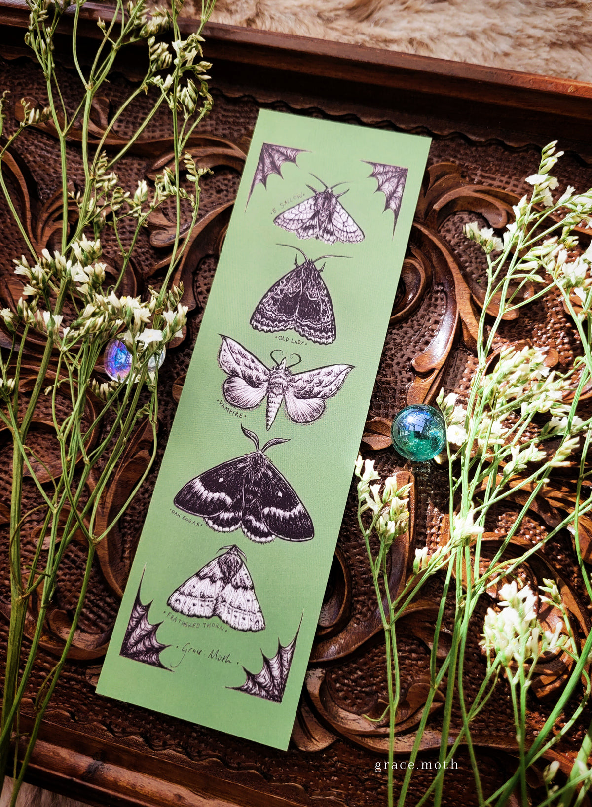 Green Moths Bookmark - illustrated by Grace Moth, gothic entomology inkwork