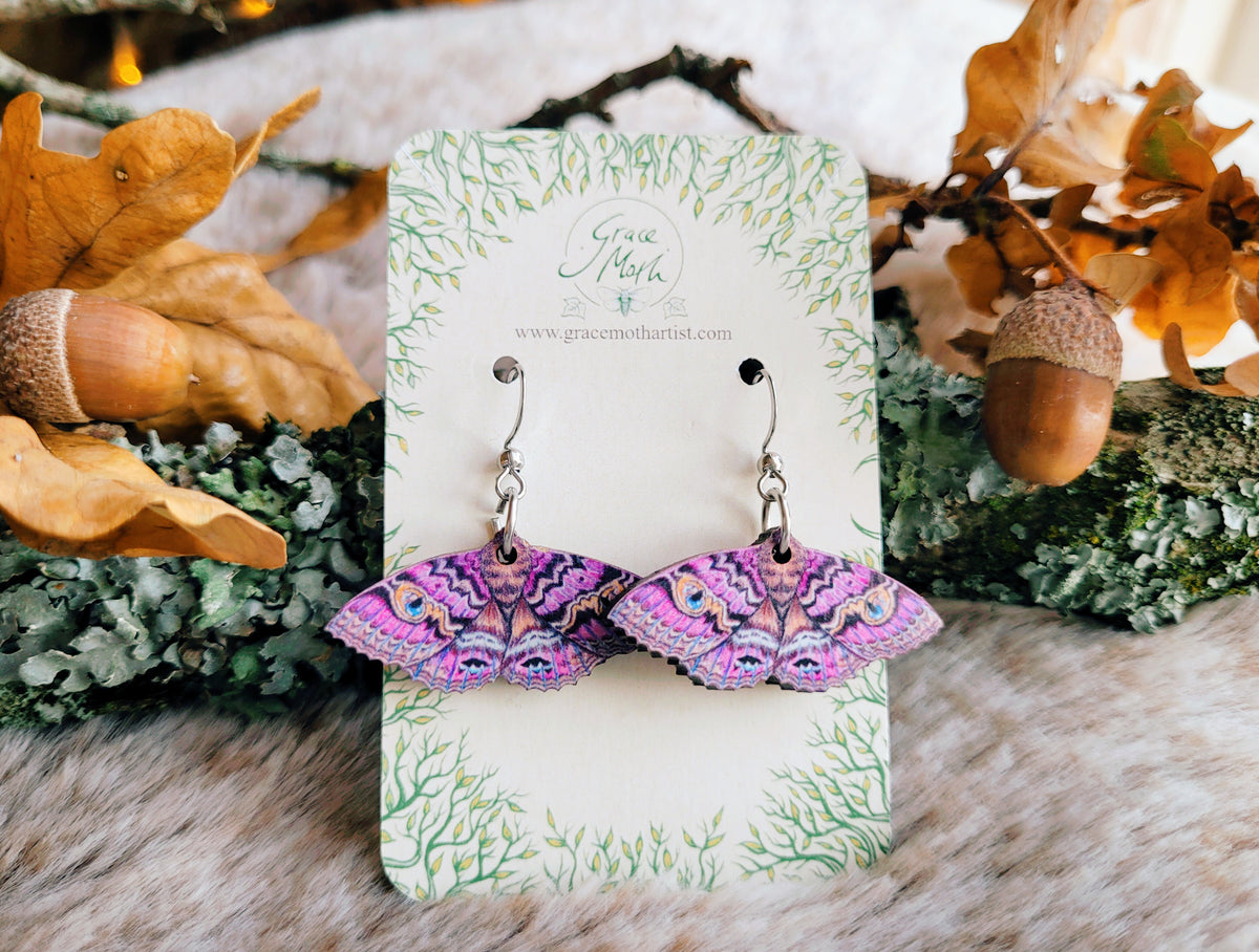 Granny Cloak Moth, illustrated purple earrings, responsibly sourced cherry wood, Entomology watercolour, 304 Stainless Steel hooks, by Grace Moth