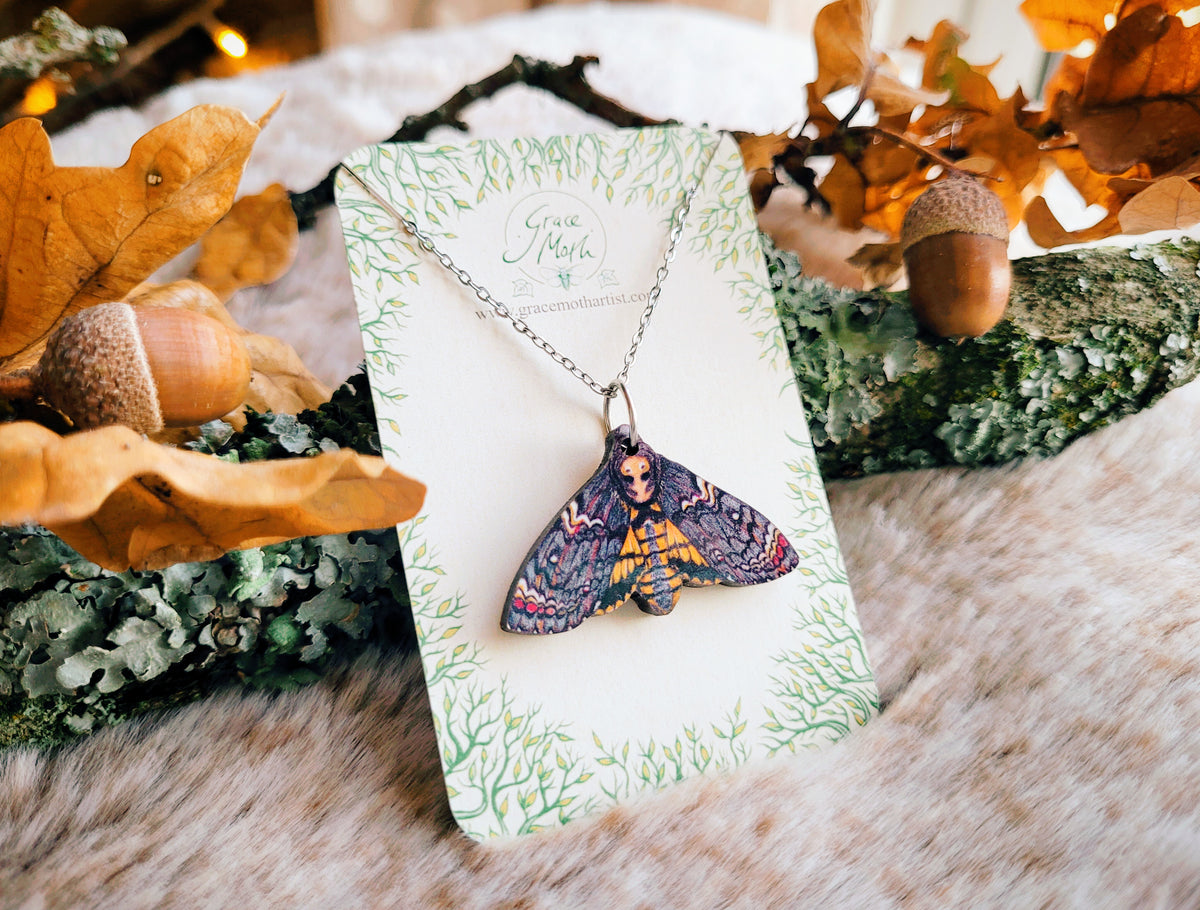 Deaths-Head hawkmoth illustrated necklace, responsibly sourced cherry wood, watercolour entomology, by Grace Moth
