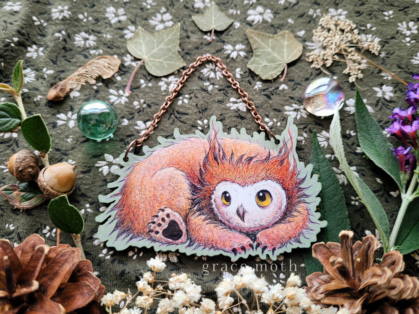 Owlbear Cub Ornament, wall hanging, 9cm, responsibly sourced cherry wood, chain and ribbon options available, by Grace Moth, BG3 Dnd inspired