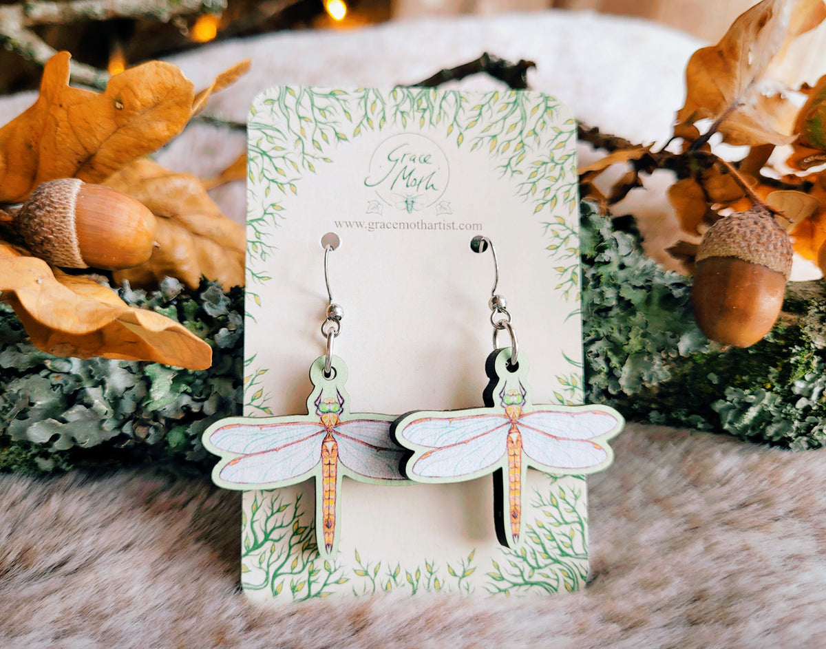Dragonfly illustrated earrings, responsibly sourced cherry wood, watercolour, 304 Stainless Steel hooks, by Grace Moth
