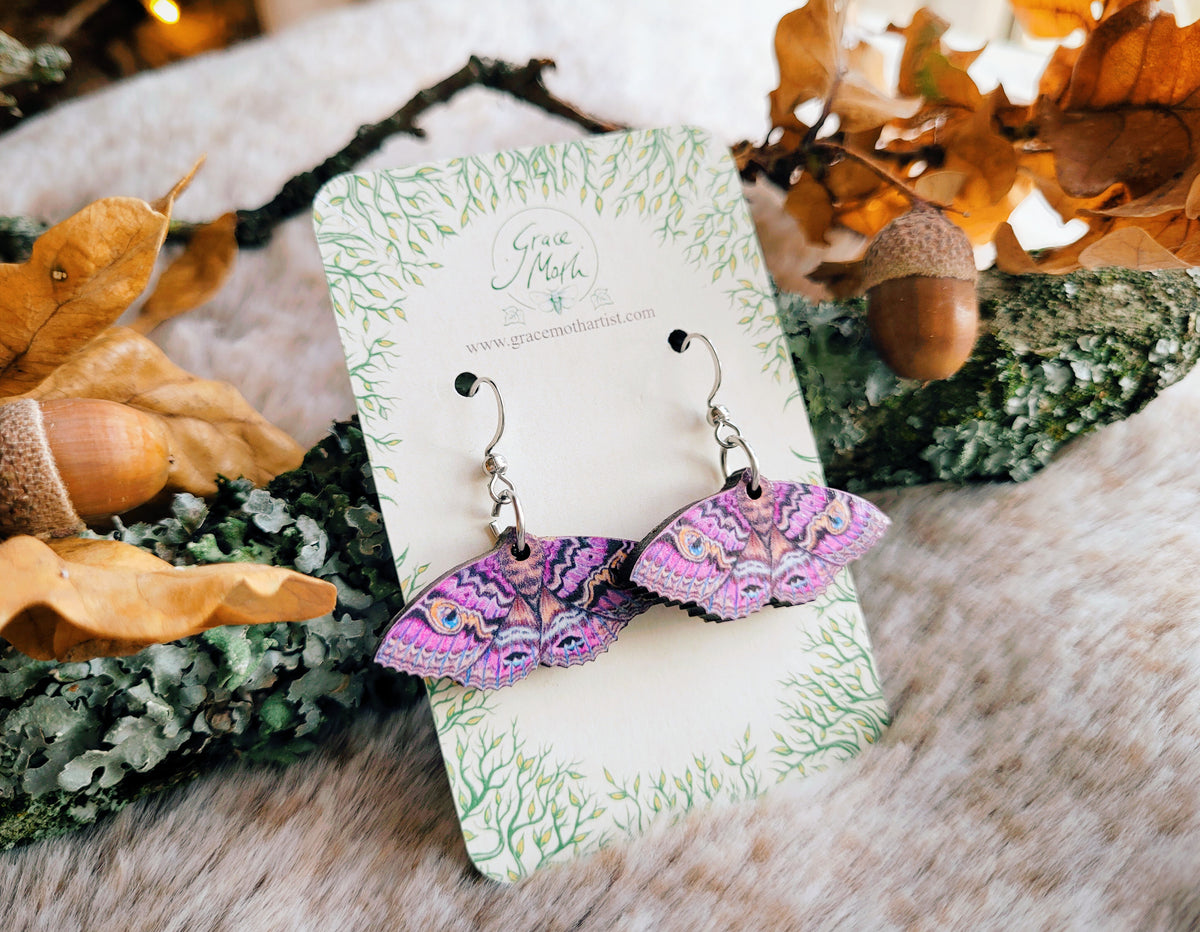 Granny Cloak Moth, illustrated purple earrings, responsibly sourced cherry wood, Entomology watercolour, 304 Stainless Steel hooks, by Grace Moth
