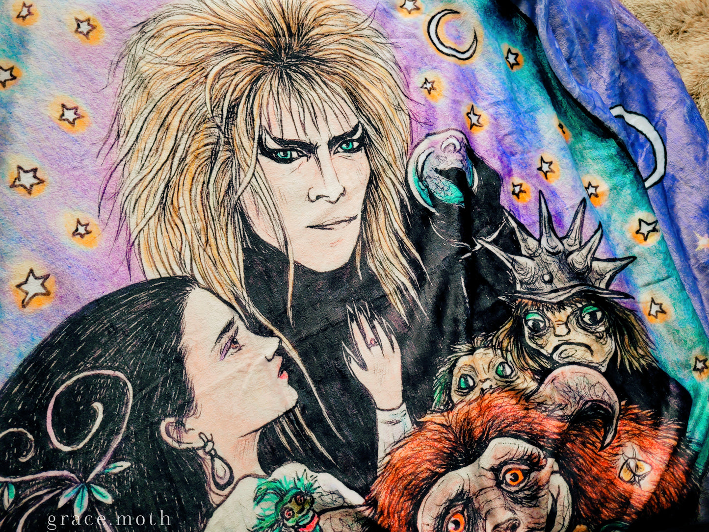 Labyrinth Inspired throw blanket - witchy gothic original design by Grace Moth - 50" by 60"