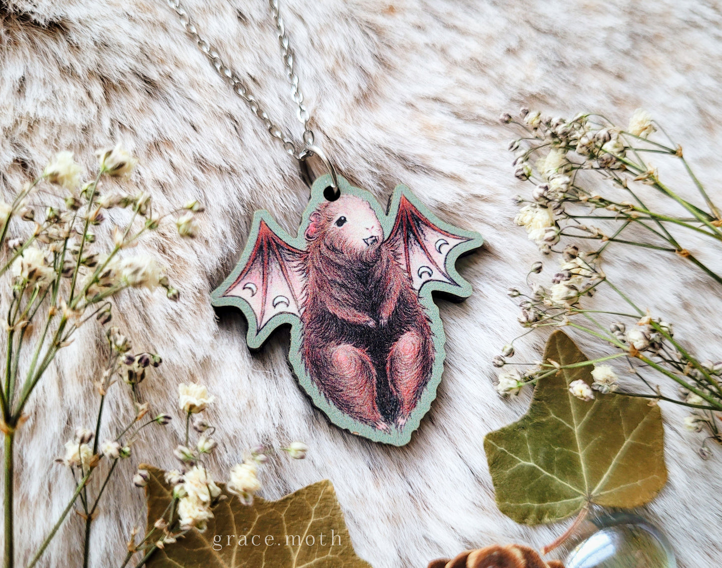 Guinea Pig Bat Illustrated necklace, responsibly sourced cherry wood, chain options available, by Grace Moth