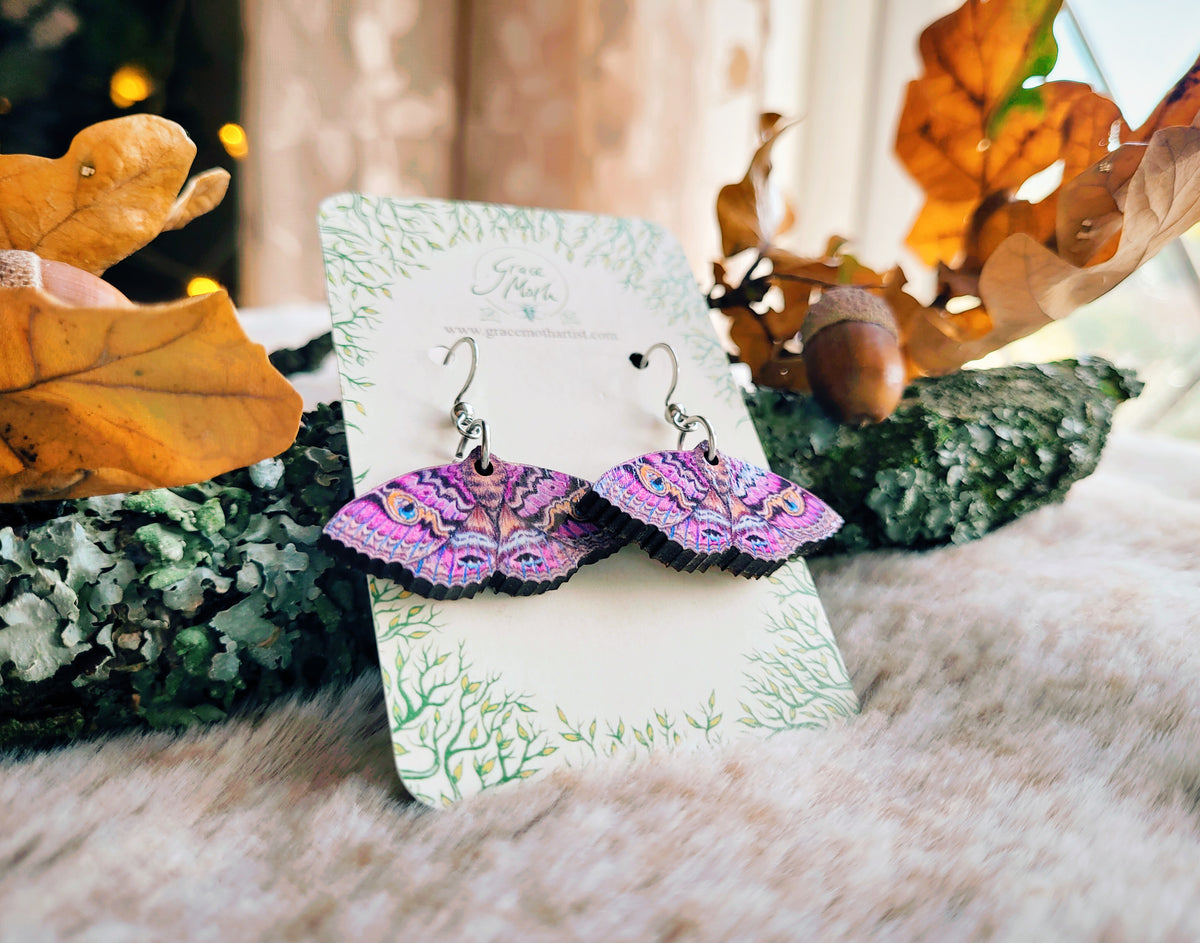 Granny Cloak Moth, illustrated purple earrings, responsibly sourced cherry wood, Entomology watercolour, 304 Stainless Steel hooks, by Grace Moth