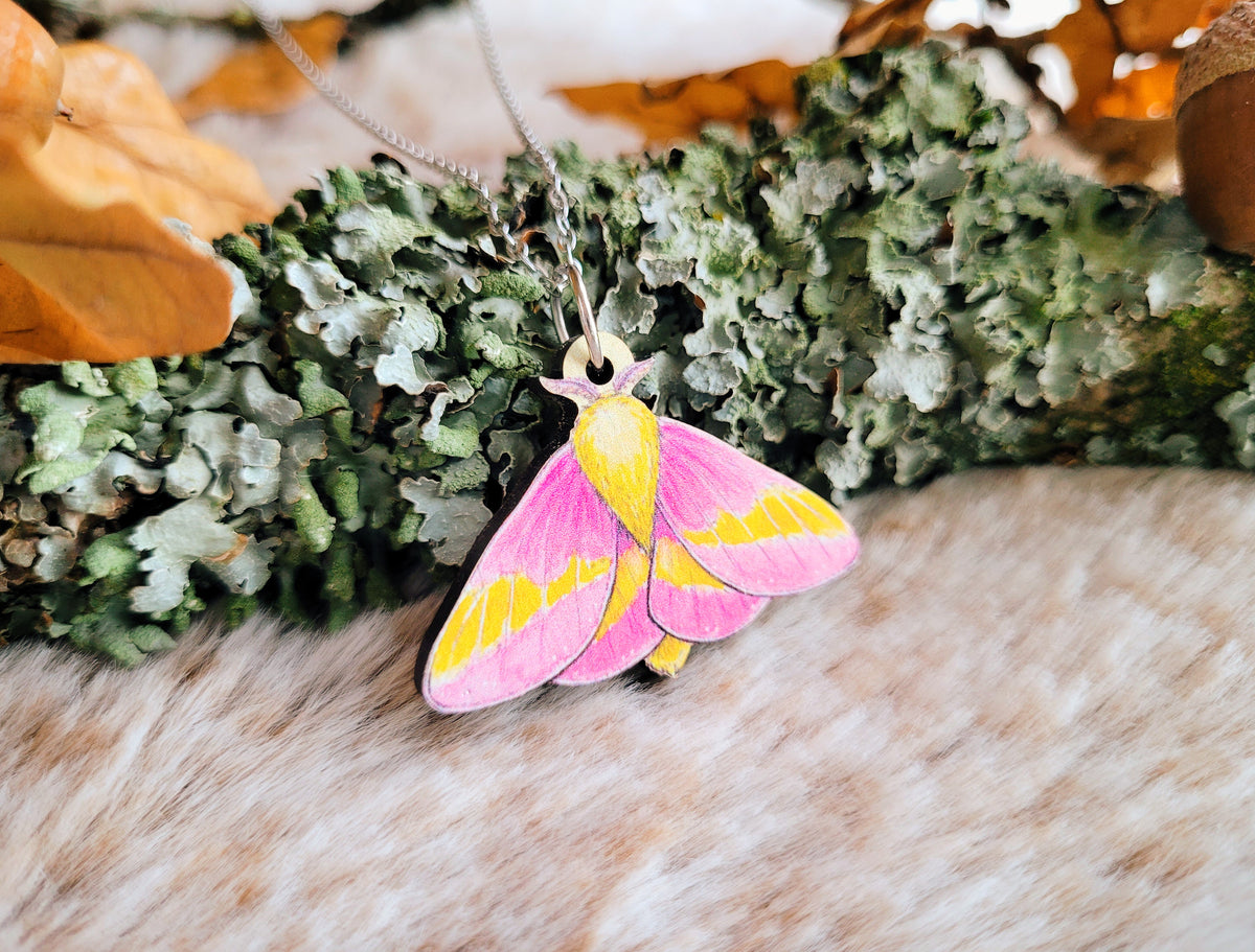 Rosy Maple Moth necklace, responsibly sourced cherry wood, pink watercolour entomology, by Grace Moth