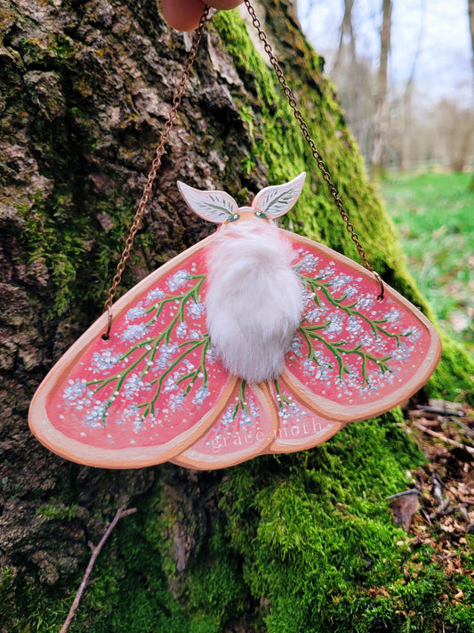 Magical Spring Moth - Pink and White Blossom - One of a kind handmade hand painted wall hanging/ornament, by Grace Moth
