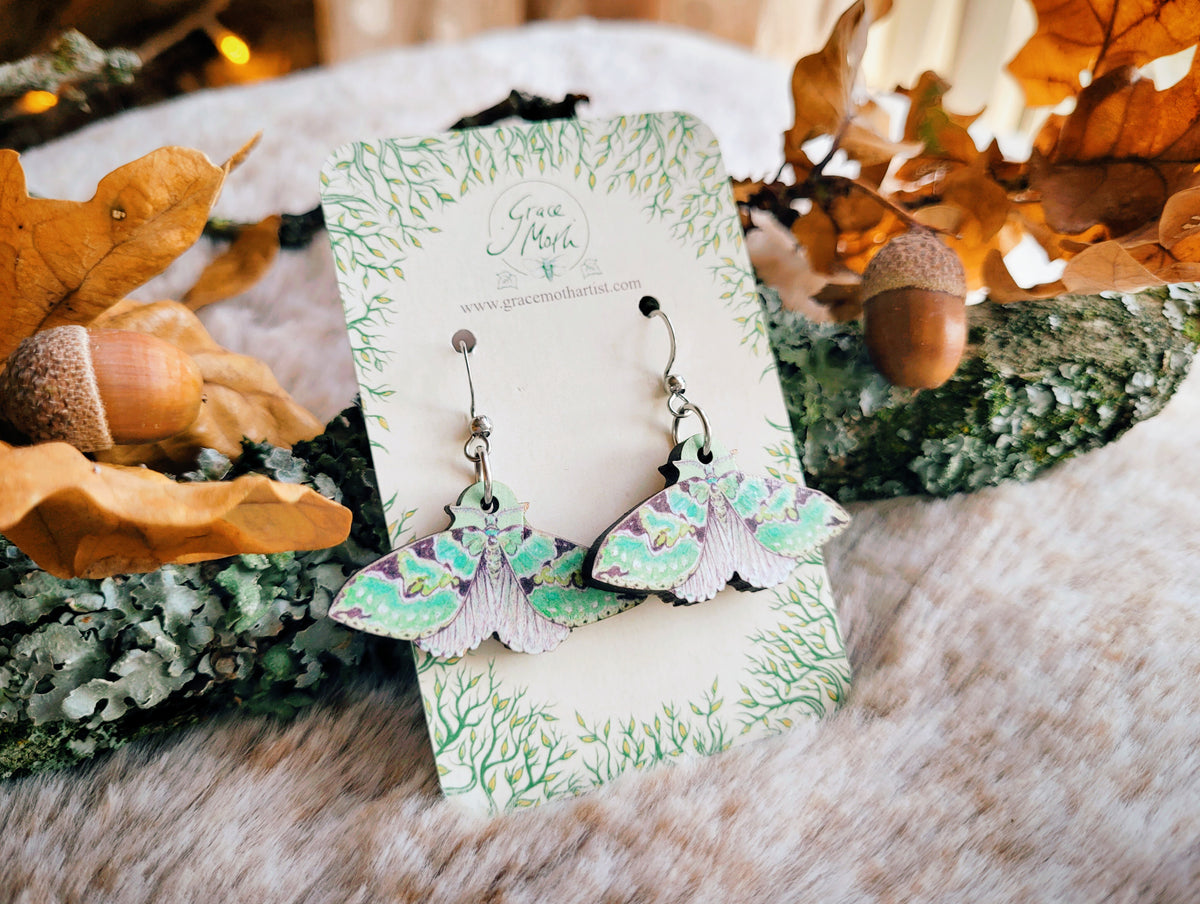 Green Carpet Moth, illustrated earrings, responsibly sourced cherry wood, Entomology watercolour, 304 Stainless Steel hooks, by Grace Moth